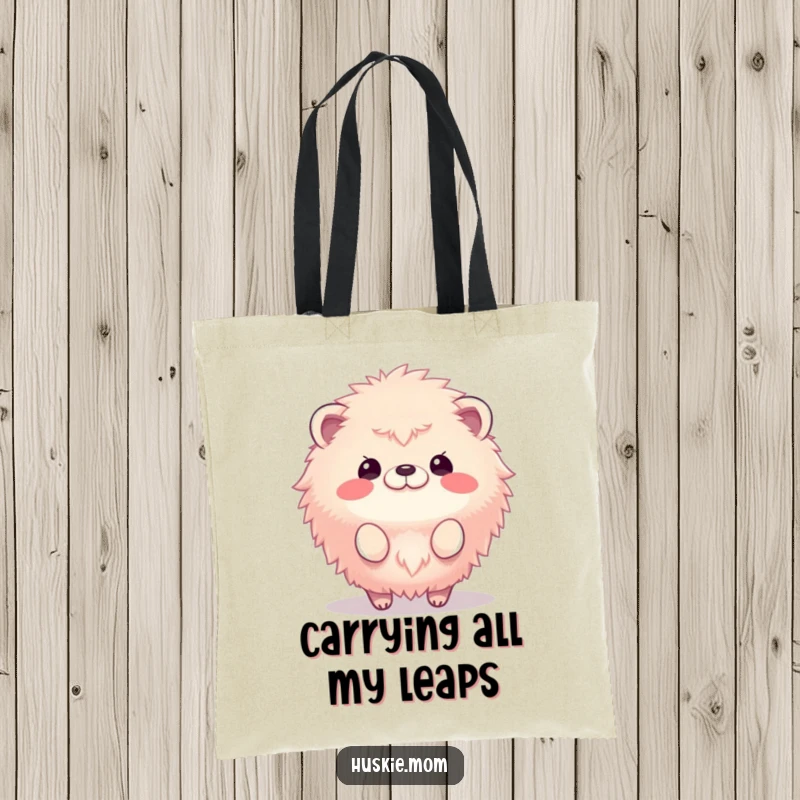 Funny tote bag featuring a fluffy animal captured in a joyful, energetic bounce, perfect for carrying essentials with a smile.