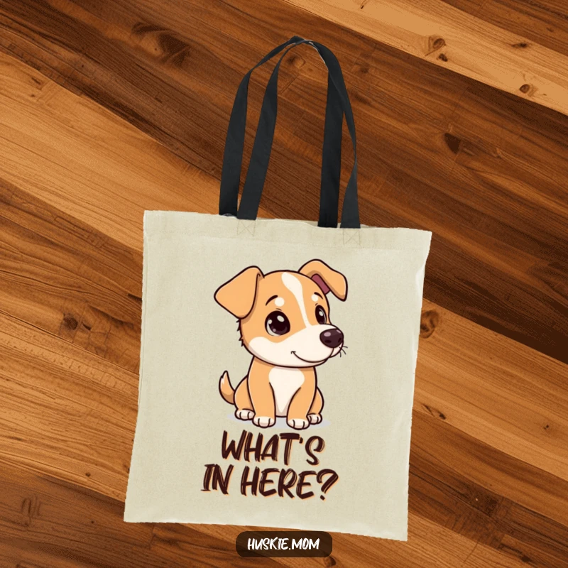 Funny dog tilting its head with a curious, playful look on a durable tote bag, perfect for everyday use.