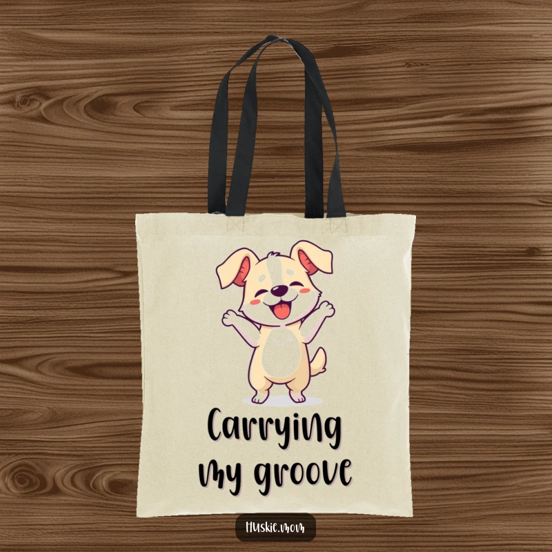 Funny dog dancing tote bag, illustrating a joyful dog mid-boogie with ears flapping, ideal for shopping and daily use.