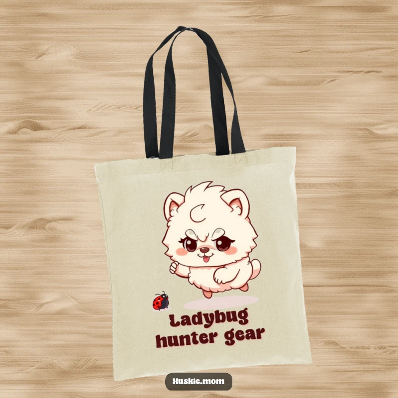 Funny Fluffy Animal Tote Bag: A cute, fluffy creature with a mischievous glint playfully chasing a ladybug, perfect for carrying essentials with humor.