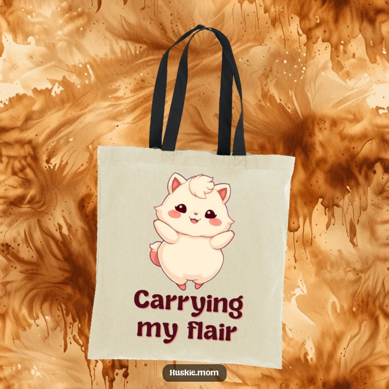 Funny tote bag illustrating a fluffy animal with a bright smile, elegantly twirling with joyful abandon.