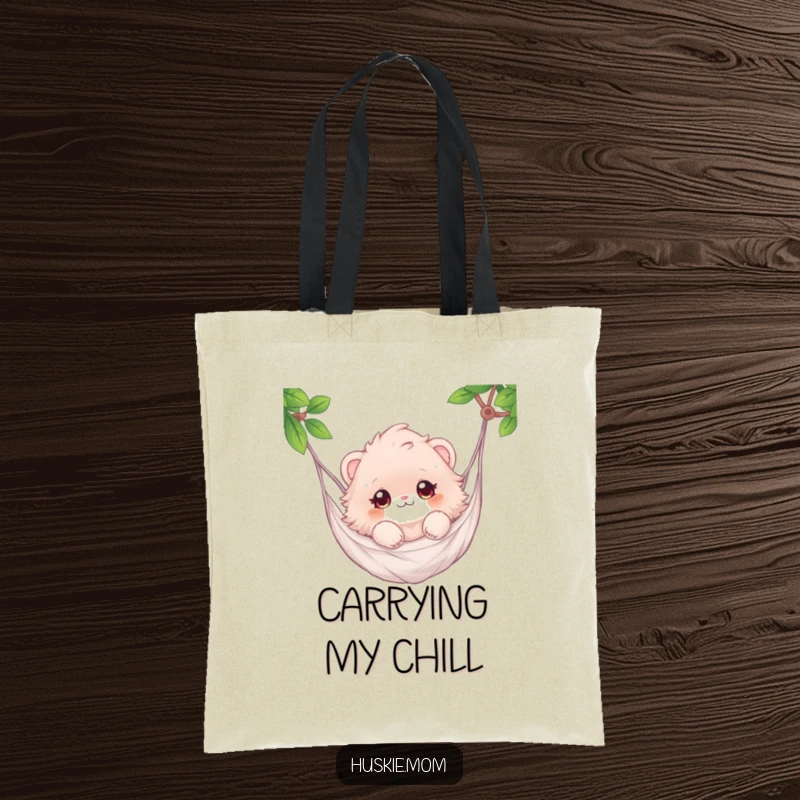 Funny tote bag showcasing a fluffy animal with sparkling eyes gently floating in a hammock, perfect for daily errands.