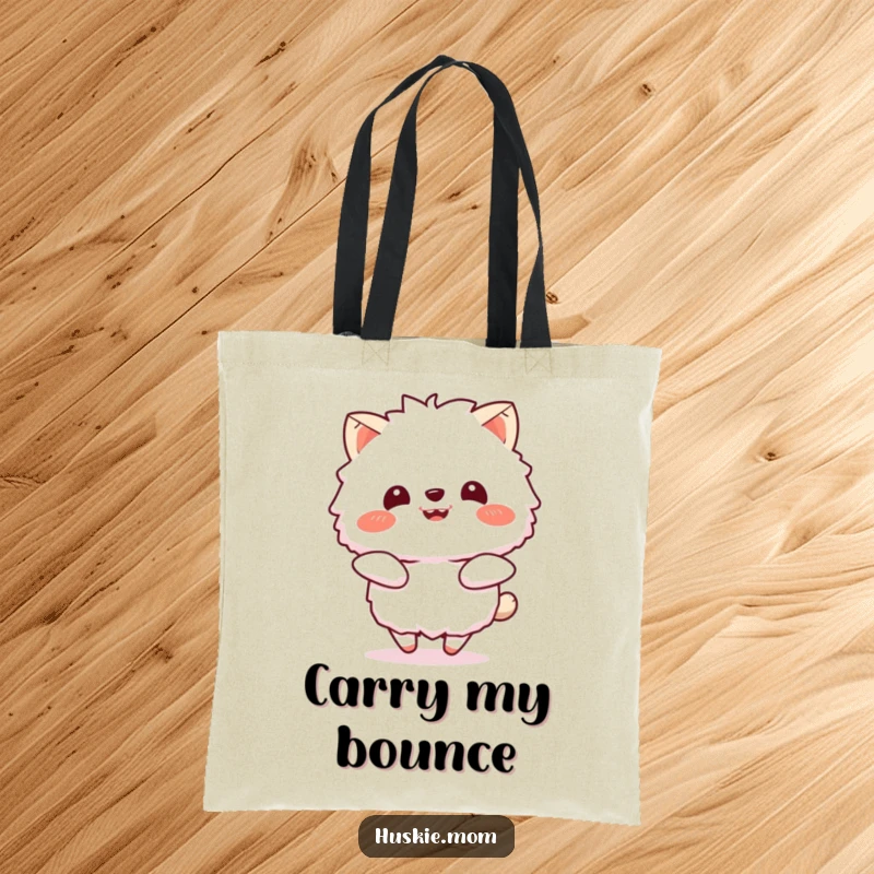 Funny tote bag featuring a fluffy animal bouncing joyfully with a beaming smile, perfect for adding humor and positivity to daily use.