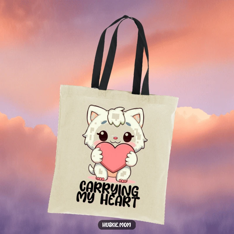 Funny Tote Bag: A character holds a large, cheerful heart with both paws, ready to carry your items with love.