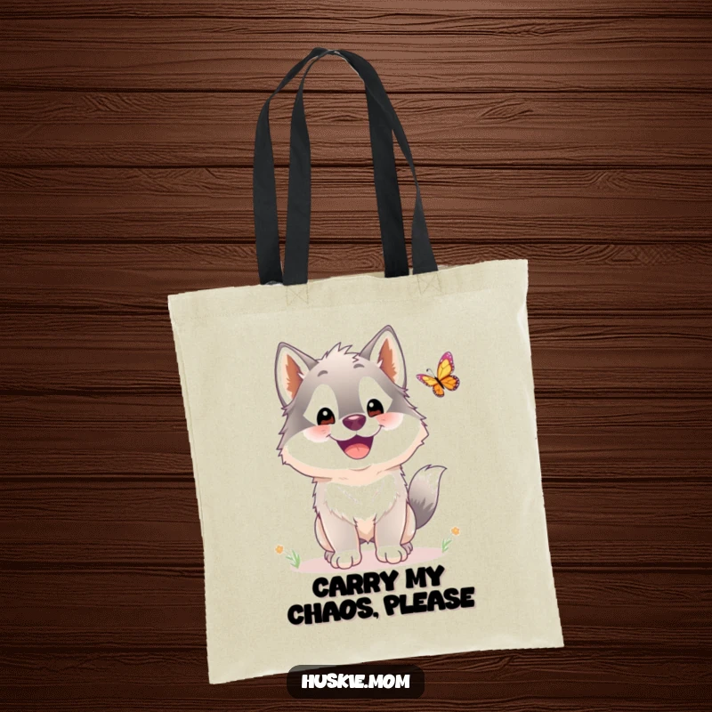 Funny Husky Tote Bag: A fluffy husky with a huge smile chases a butterfly, showcasing a moment of pure, uninhibited joy.