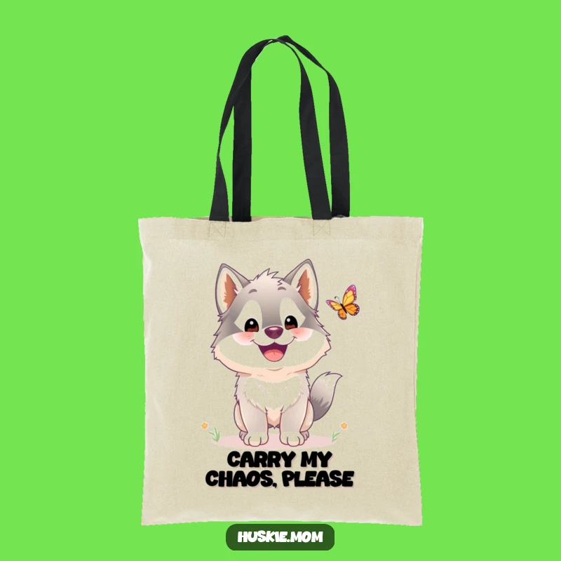 Funny Husky Butterfly Chase Tote Bag: Cute Fluffy Dog Reusable Funny Gift