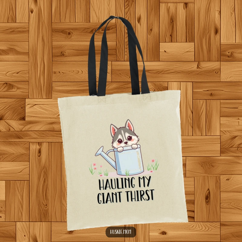 Funny Husky Lady Tote Bag, whimsical peeking design with a watering can, durable and stylish accessory for daily use.