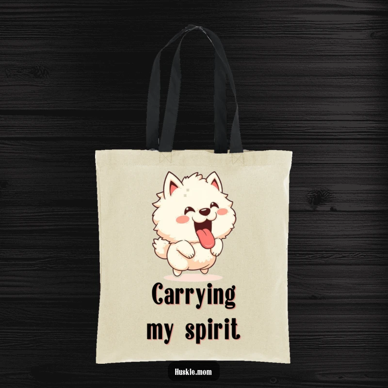 Funny tote bag with a fluffy animal joyfully leaping with its tongue out and a happy bark, a humorous and energetic accessory.