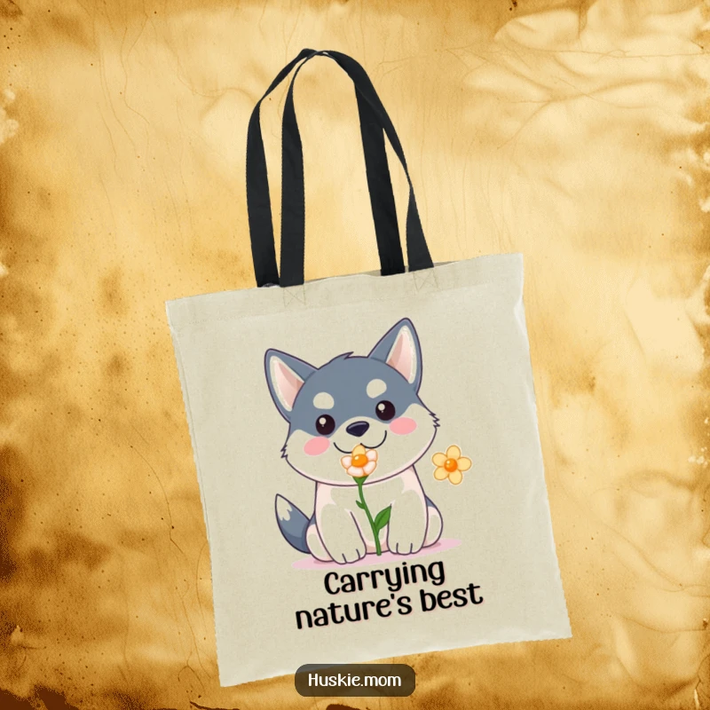 Funny Kawaii Husky Tote Bag: Cute husky carrying a flower, practical and humorous accessory, ideal funny gift.