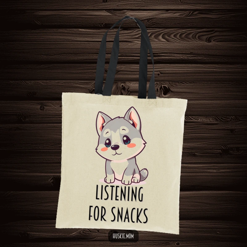 Funny Kawaii Husky Tote Bag: A curious husky tilts its head listening, designed for a humorous and practical carry-all.