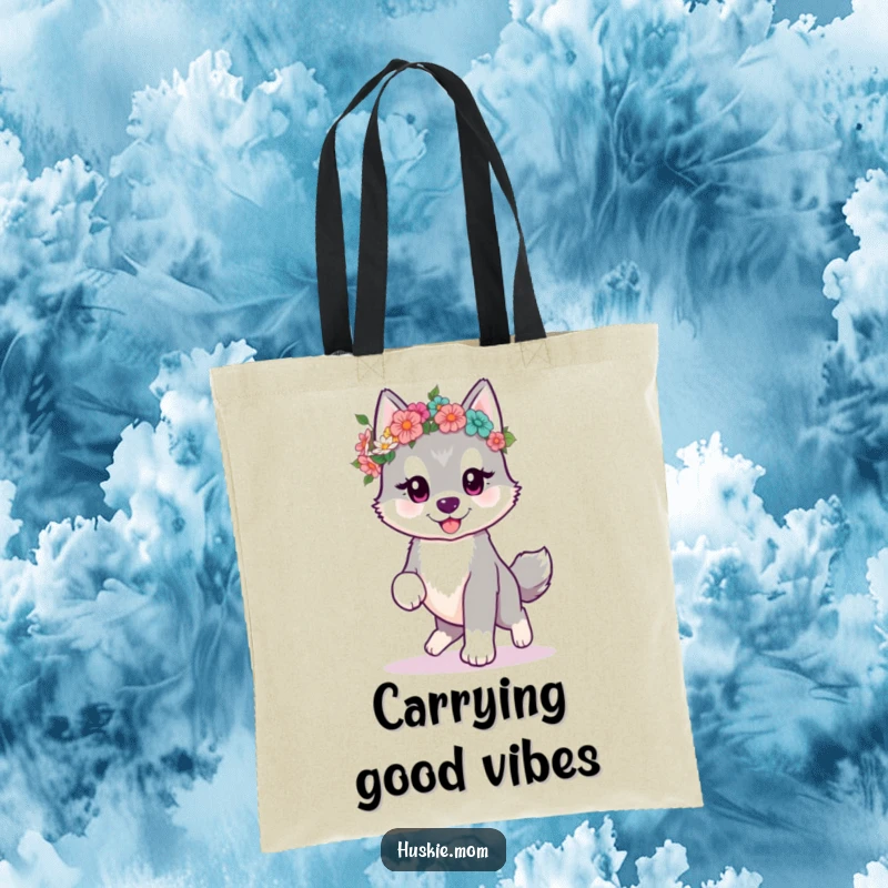 Funny kawaii husky puppy prancing with a flower crown on a durable tote bag, perfect for carrying cute things.