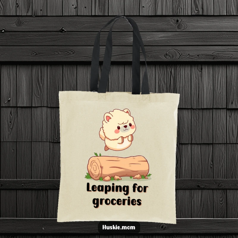 Funny Tote Bag: A fluffy animal with a wagging tail, energetically leaping over a fallen log, ready for any task.