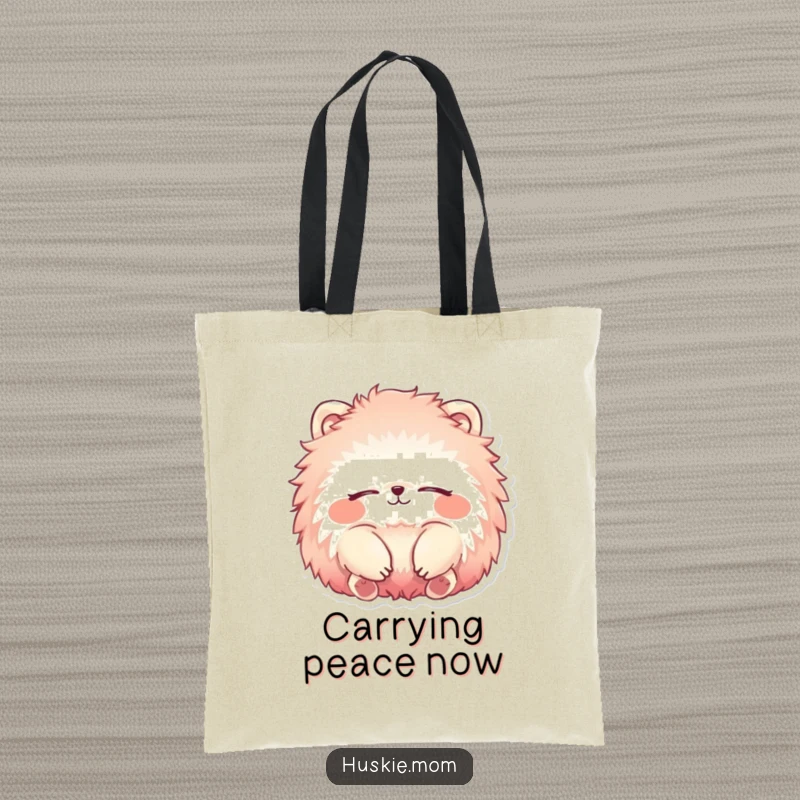 Funny Tote Bag with a fluffy animal’s vibrant fur, relaxing smile, and closed eyes, merging style and humor.