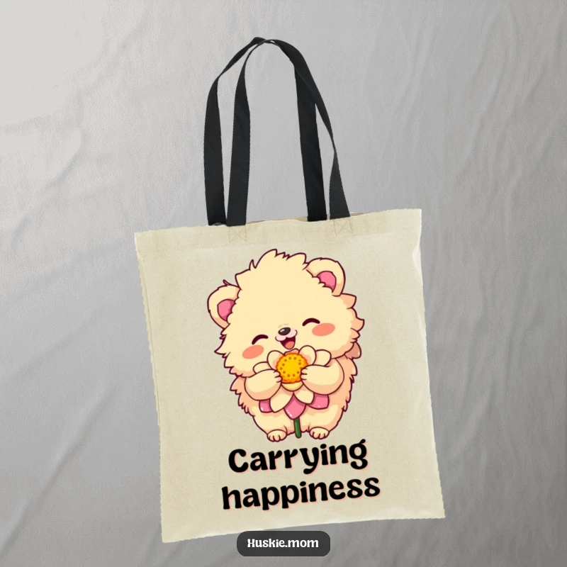 Funny Tote Bag with a fluffy animal’s sunny disposition embracing a colorful bloom, perfect for carrying cheerful items.