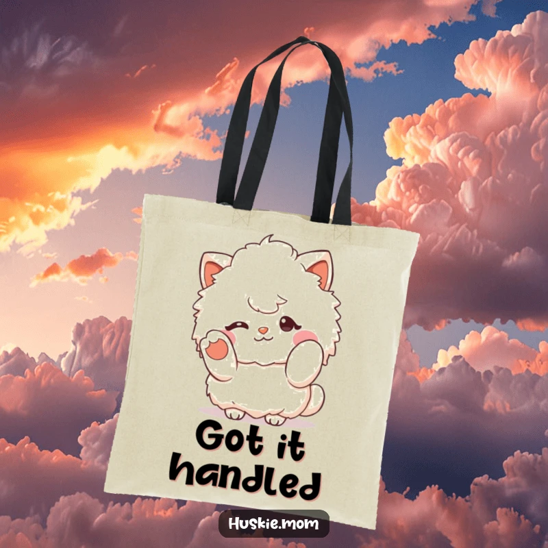 Funny fluffy character winking and gesturing with a paw, on a practical tote bag for carrying essentials with a cute greeting.