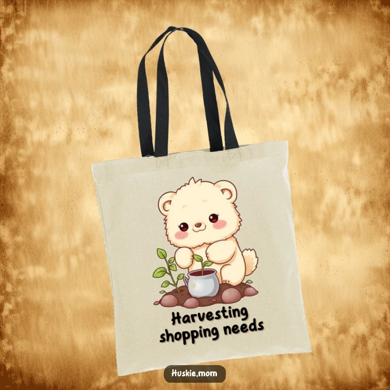Funny Tote Bag: A cute fluffy animal with rosy cheeks watering a sprouting plant, perfect for carrying gardening tools.
