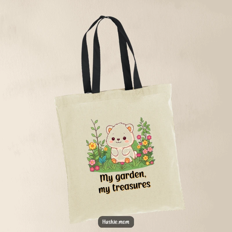 Funny tote bag showcasing a cheerful fluffy animal peacefully surveying a lush, colorful garden, perfect for everyday use.