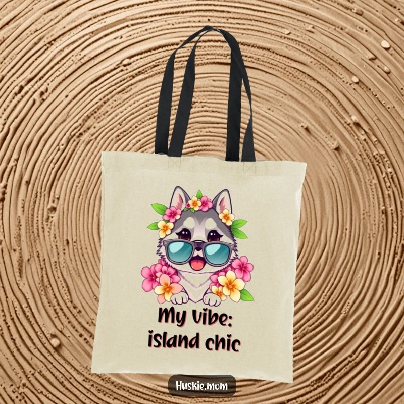 Funny Husky Lady Tote Bag featuring a husky rocking oversized sunglasses and a floral lei, great for beach days.